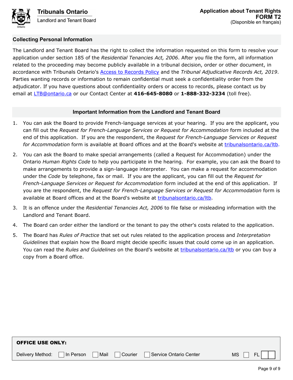 Form T2 Application About Tenant Rights - Ontario, Canada, Page 10