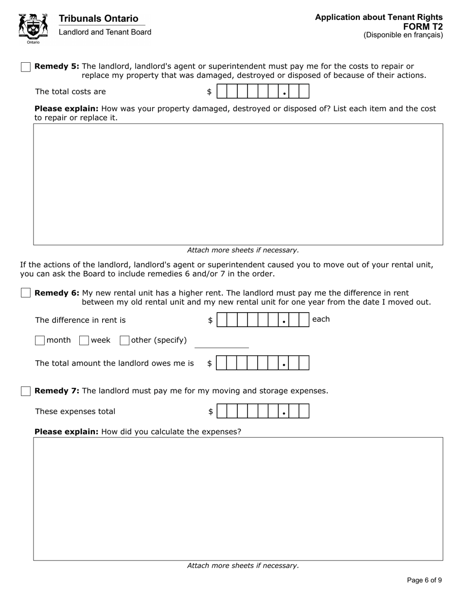 Form T2 Application About Tenant Rights - Ontario, Canada, Page 7