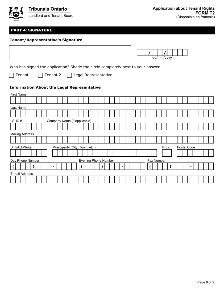 Form T2 Application About Tenant Rights - Ontario, Canada, Page 9
