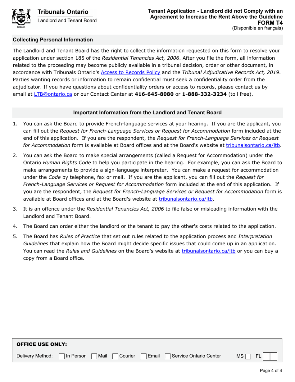 Form T4 Tenant Application - Landlord Did Not Comply With an Agreement to Increase the Rent Above the Guideline - Ontario, Canada, Page 5