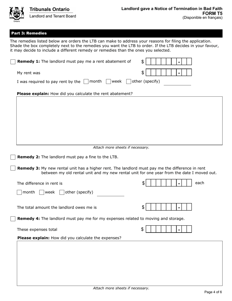 Form T5 Landlord Gave a Notice of Termination in Bad Faith - Ontario, Canada, Page 5