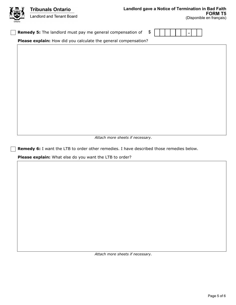 Form T5 Landlord Gave a Notice of Termination in Bad Faith - Ontario, Canada, Page 6