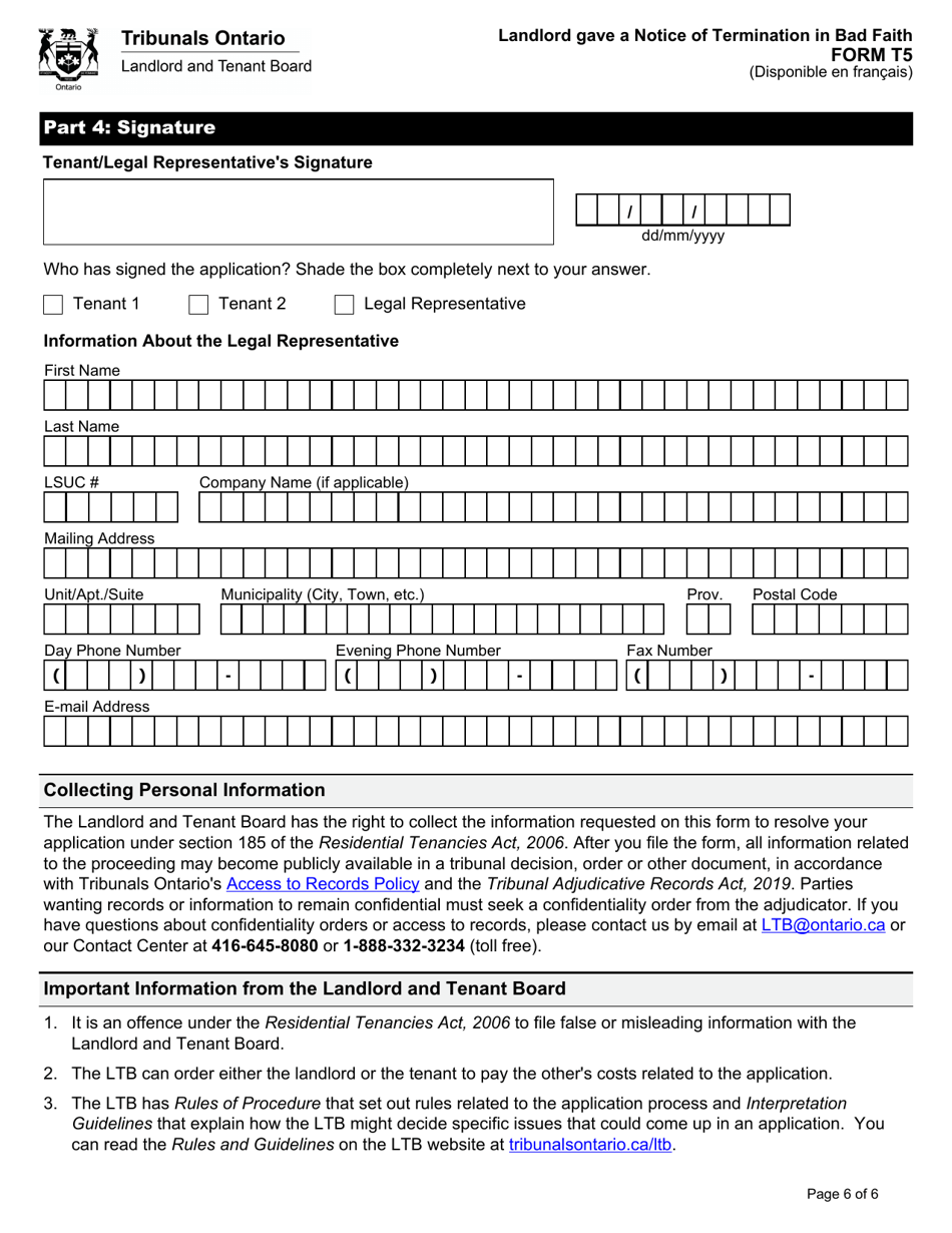 Form T5 Landlord Gave a Notice of Termination in Bad Faith - Ontario, Canada, Page 7