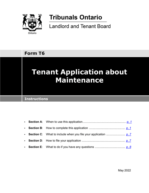 Instructions for Form T6 Tenant Application About Maintenance - Ontario, Canada