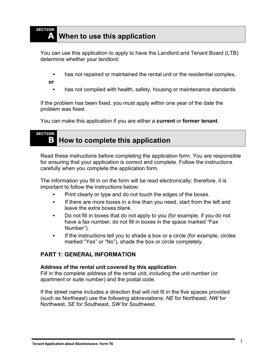 Instructions for Form T6 Tenant Application About Maintenance - Ontario, Canada, Page 2