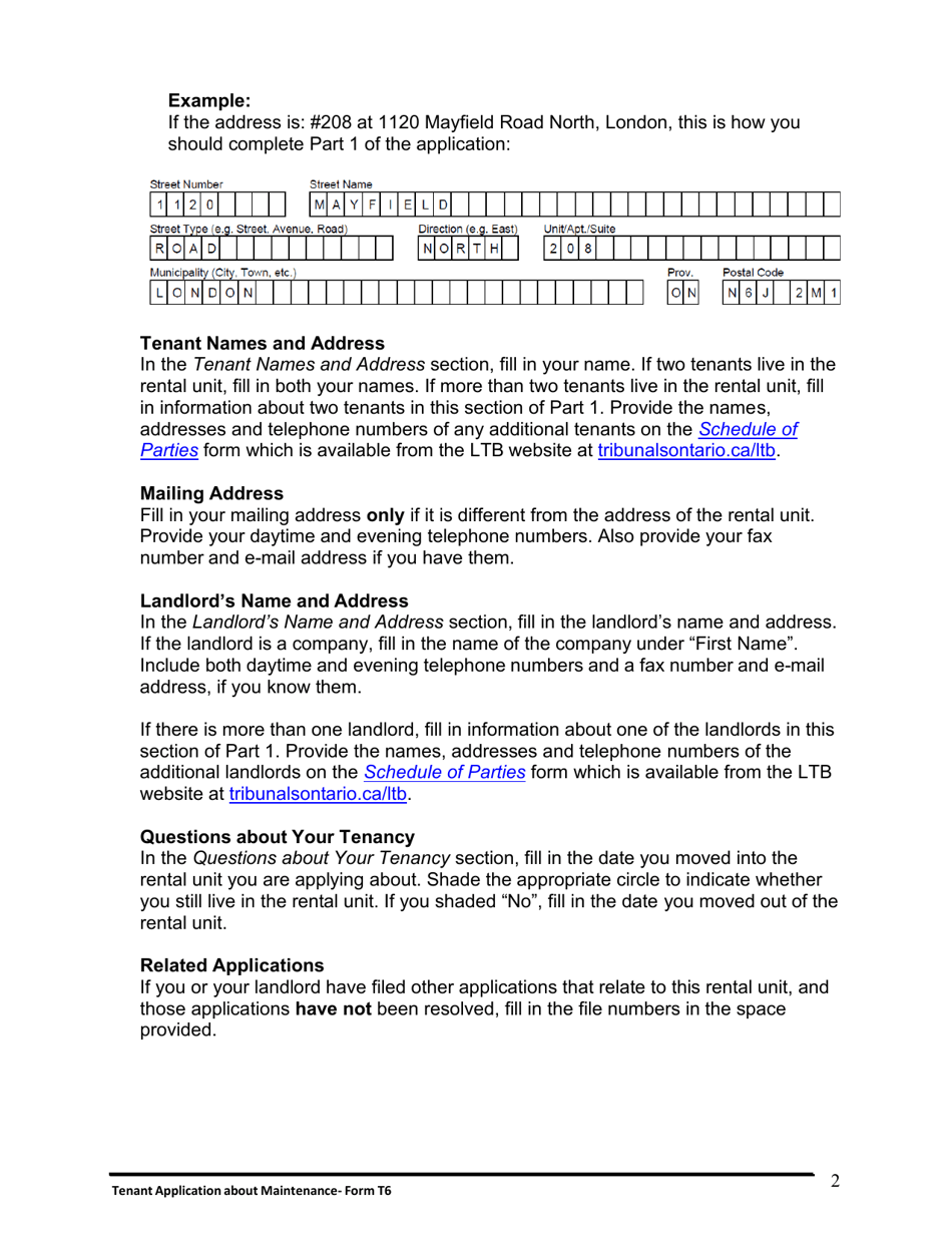 Instructions for Form T6 Tenant Application About Maintenance - Ontario, Canada, Page 3