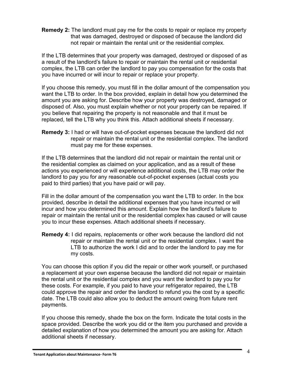 Instructions for Form T6 Tenant Application About Maintenance - Ontario, Canada, Page 5