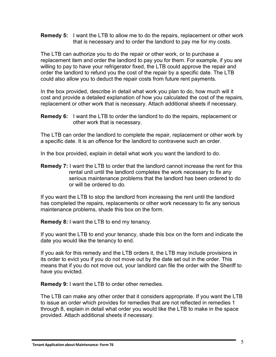 Instructions for Form T6 Tenant Application About Maintenance - Ontario, Canada, Page 6