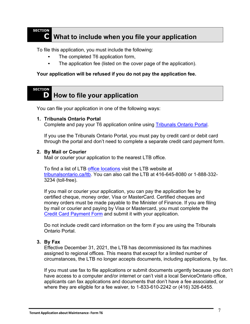 Instructions for Form T6 Tenant Application About Maintenance - Ontario, Canada, Page 8