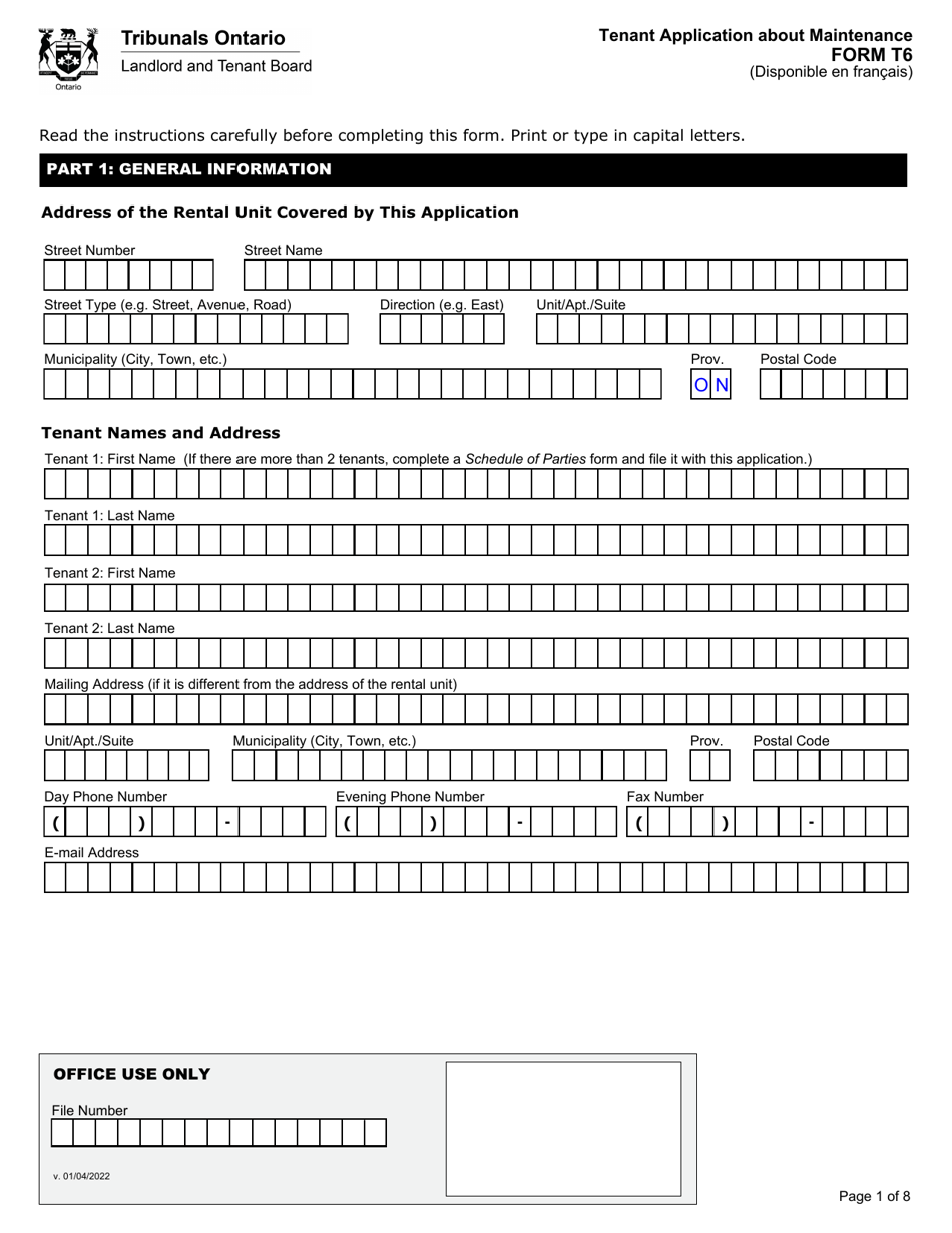 Form T6 Tenant Application About Maintenance - Ontario, Canada, Page 2