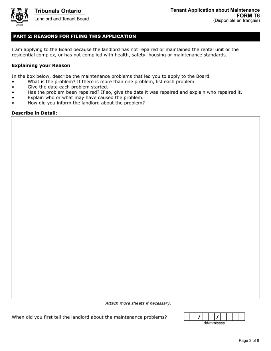 Form T6 Tenant Application About Maintenance - Ontario, Canada, Page 4