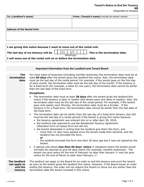 Form N9 Tenant's Notice to End the Tenancy - Ontario, Canada