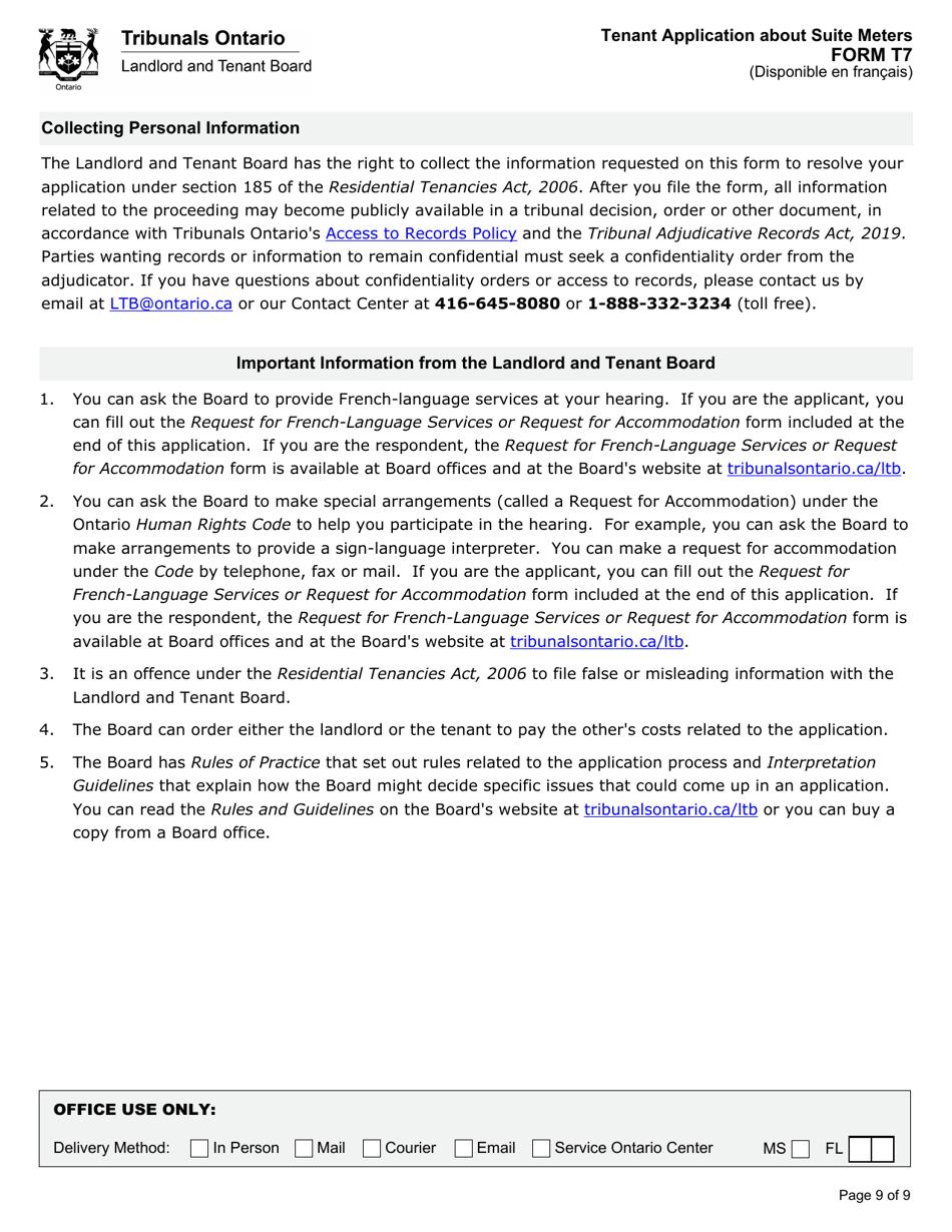Form T7 Tenant Application About Suite Meters - Ontario, Canada, Page 10