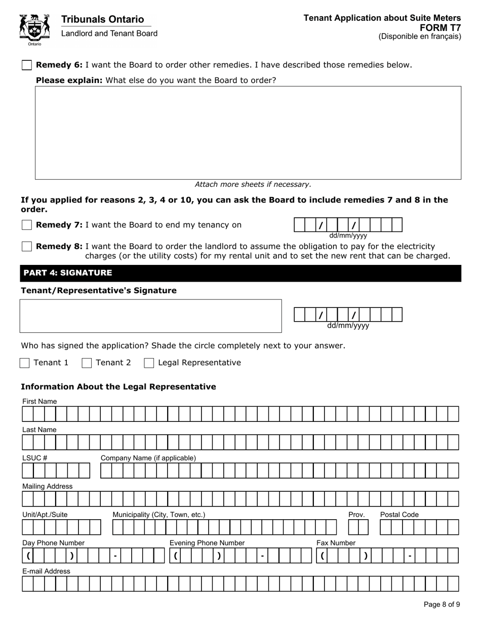 Form T7 Tenant Application About Suite Meters - Ontario, Canada, Page 9
