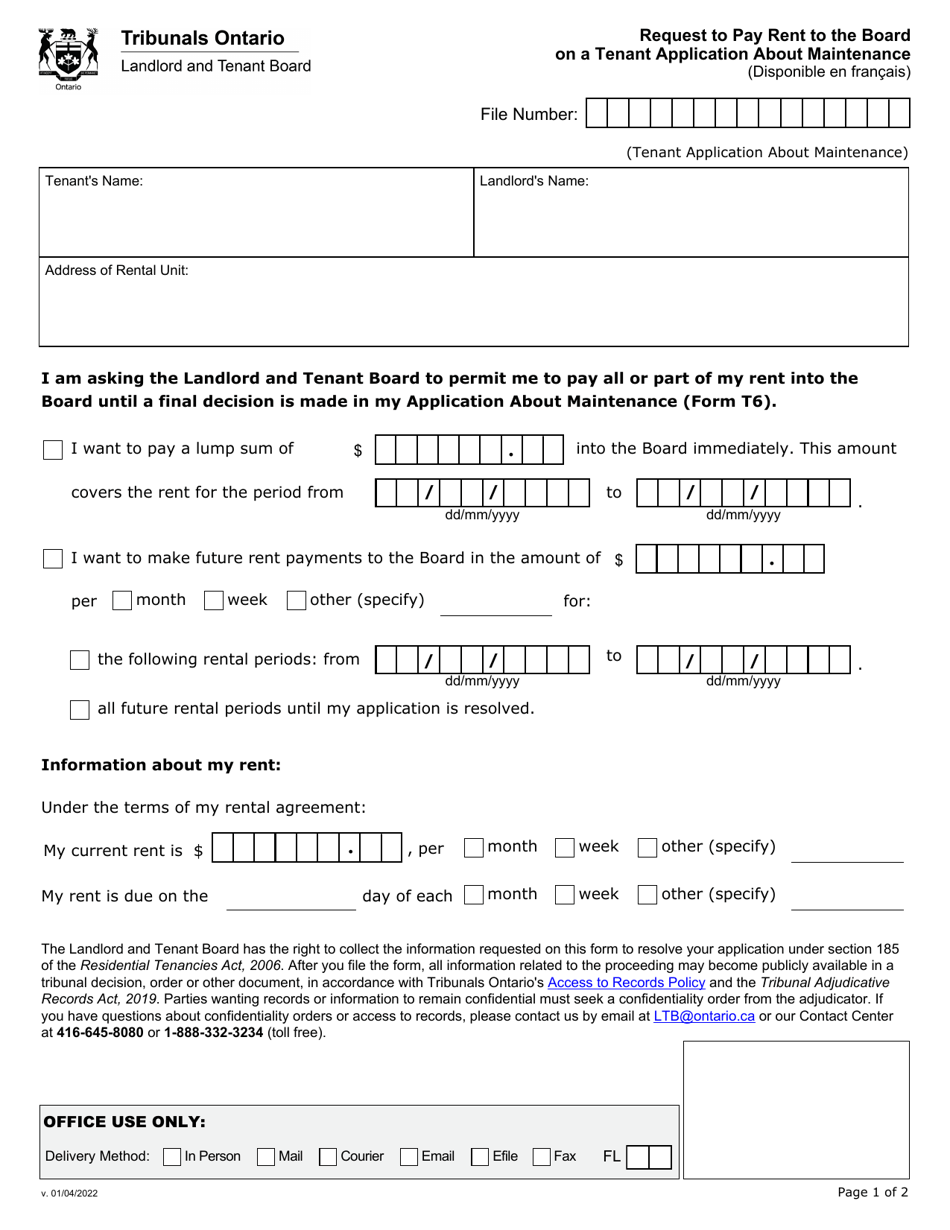Request to Pay Rent to the Board on a Tenant Application About Maintenance - Ontario, Canada, Page 1