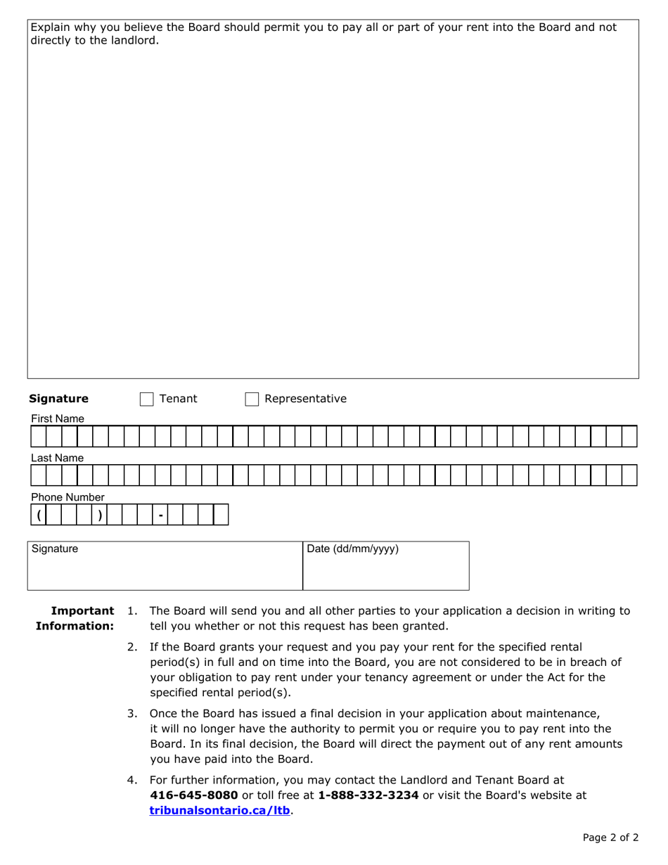 Request to Pay Rent to the Board on a Tenant Application About Maintenance - Ontario, Canada, Page 2