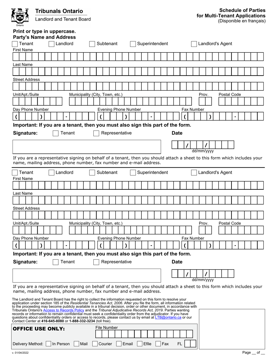 Ontario Canada Schedule of Parties for MultiTenant Applications Fill