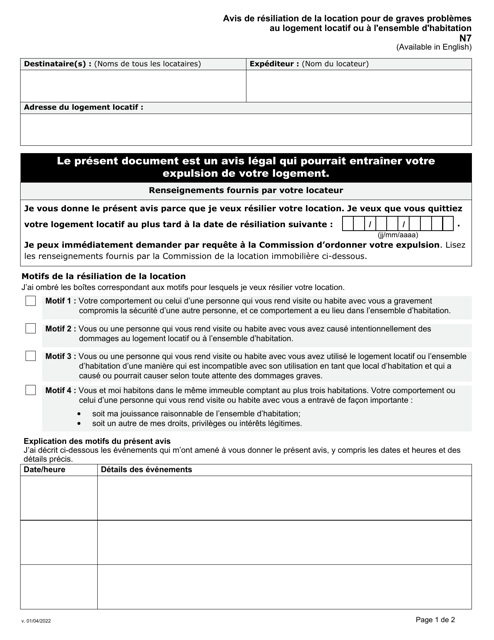 Forme N7 Avis De Resiliation De La Location Pour De Graves Problemes Au Logement Locatif Ou a L'ensemble D'habitation - Ontario, Canada (French)