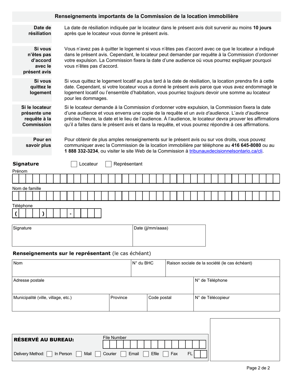 Forme N7 Avis De Resiliation De La Location Pour De Graves Problemes Au Logement Locatif Ou a Lensemble Dhabitation - Ontario, Canada (French), Page 2