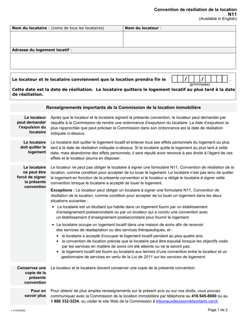 Forme N11 Convention De Resiliation De La Location - Ontario, Canada (French)