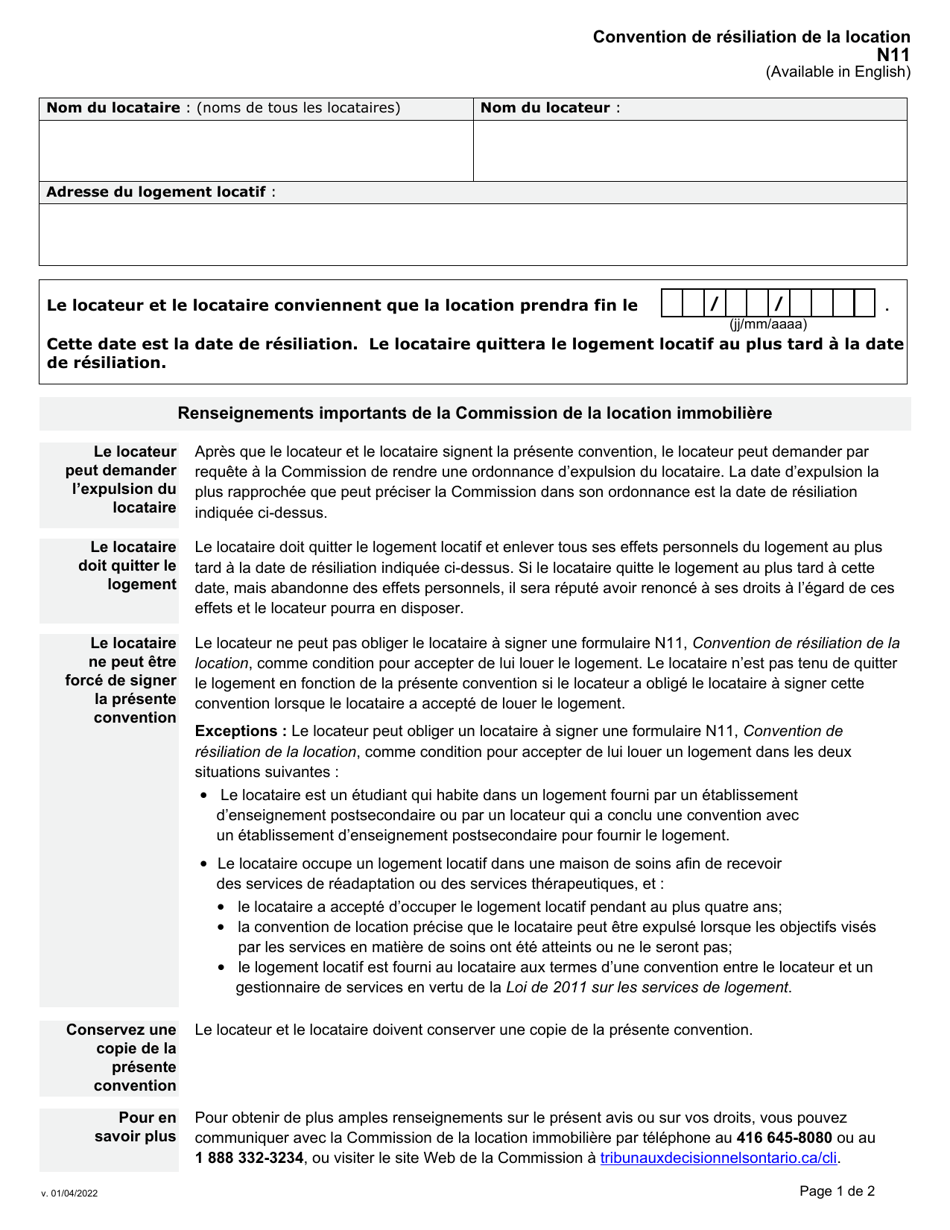 Forme N11 Convention De Resiliation De La Location - Ontario, Canada (French), Page 1