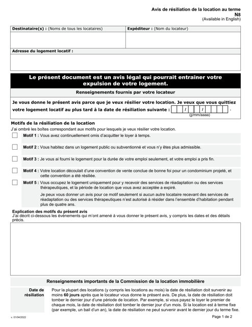 Forme N8 Avis De Resiliation De La Location Au Terme - Ontario, Canada (French)