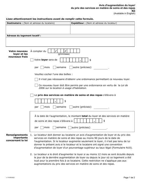 Forme N3 Avis D'augmentation Du Loyer/Du Prix DES Services En Matiere De Soins Et DES Repas - Ontario, Canada (French)