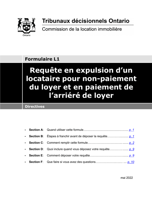 Instruction pour Forme L1 Requete En Expulsion D'un Locataire Pour Non-paiement Du Loyer Et En Paiement De L'arriere De Loyer - Ontario, Canada (French)