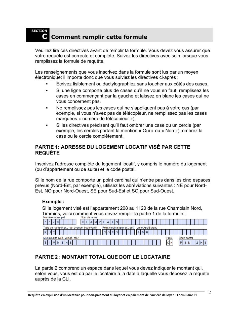 Instruction pour Forme L1 Requete En Expulsion Dun Locataire Pour Non-paiement Du Loyer Et En Paiement De Larriere De Loyer - Ontario, Canada (French), Page 3
