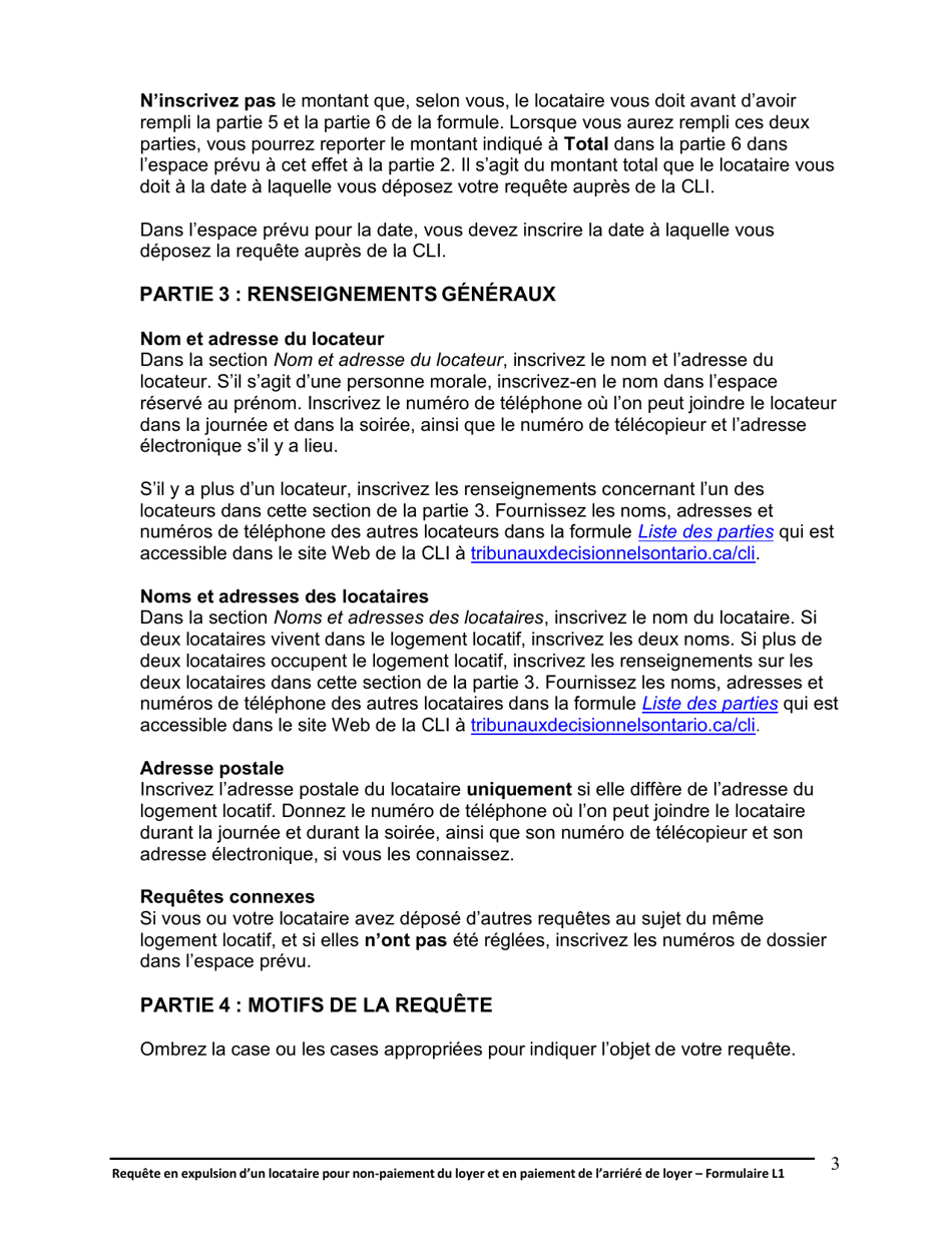 Instruction pour Forme L1 Requete En Expulsion Dun Locataire Pour Non-paiement Du Loyer Et En Paiement De Larriere De Loyer - Ontario, Canada (French), Page 4