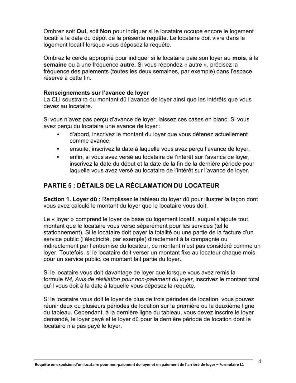 Instruction pour Forme L1 Requete En Expulsion Dun Locataire Pour Non-paiement Du Loyer Et En Paiement De Larriere De Loyer - Ontario, Canada (French), Page 5