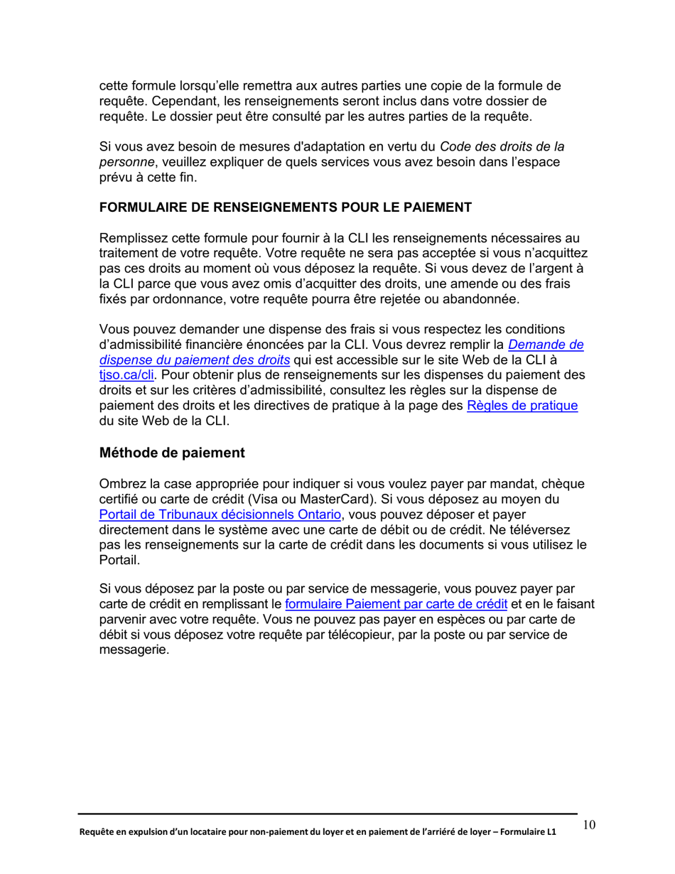 Instruction pour Forme L1 Requete En Expulsion Dun Locataire Pour Non-paiement Du Loyer Et En Paiement De Larriere De Loyer - Ontario, Canada (French), Page 9