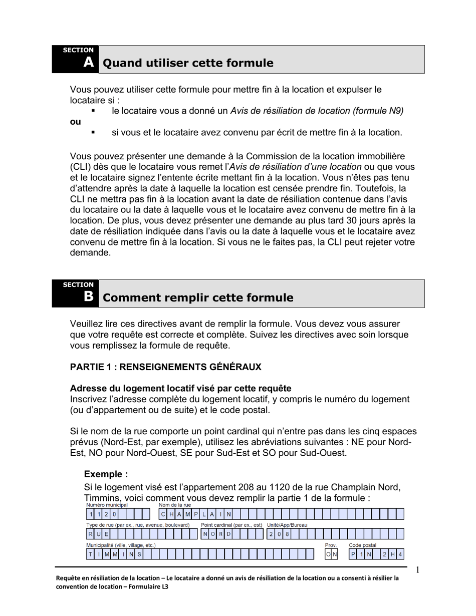 Instruction pour Forme L3 Requete En Resiliation De La Location Et En Expulsion Du Locataire - Le Locataire a Donne Un Avis De Resiliation Ou a Consenti a Resilier La Location - Ontario, Canada (French), Page 2