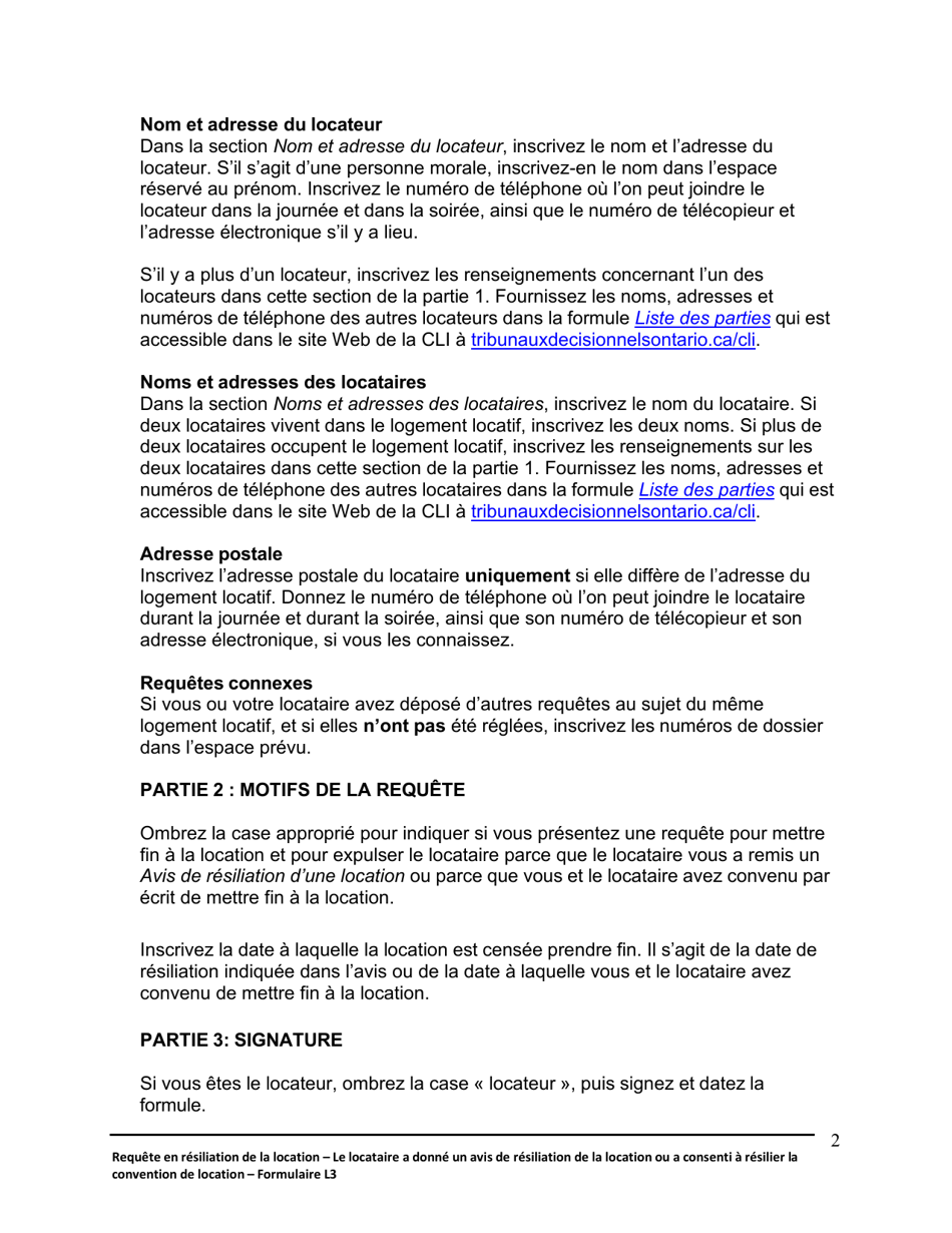 Instruction pour Forme L3 Requete En Resiliation De La Location Et En Expulsion Du Locataire - Le Locataire a Donne Un Avis De Resiliation Ou a Consenti a Resilier La Location - Ontario, Canada (French), Page 3