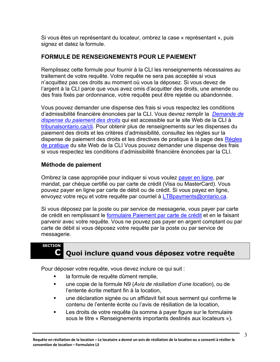 Instruction pour Forme L3 Requete En Resiliation De La Location Et En Expulsion Du Locataire - Le Locataire a Donne Un Avis De Resiliation Ou a Consenti a Resilier La Location - Ontario, Canada (French), Page 4