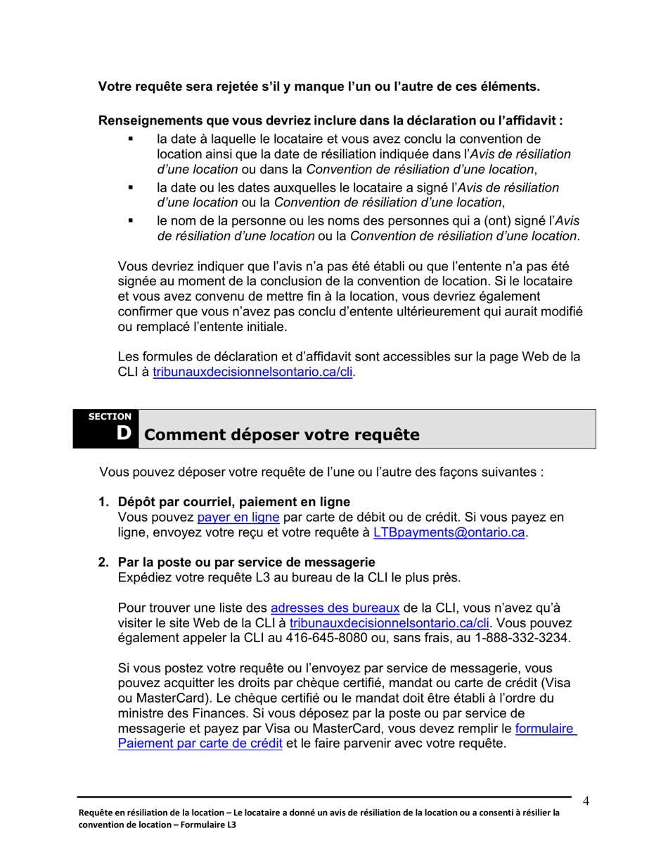 Instruction pour Forme L3 Requete En Resiliation De La Location Et En Expulsion Du Locataire - Le Locataire a Donne Un Avis De Resiliation Ou a Consenti a Resilier La Location - Ontario, Canada (French), Page 5