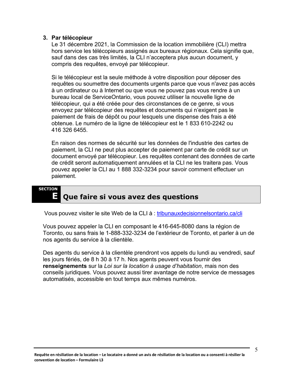 Instruction pour Forme L3 Requete En Resiliation De La Location Et En Expulsion Du Locataire - Le Locataire a Donne Un Avis De Resiliation Ou a Consenti a Resilier La Location - Ontario, Canada (French), Page 6