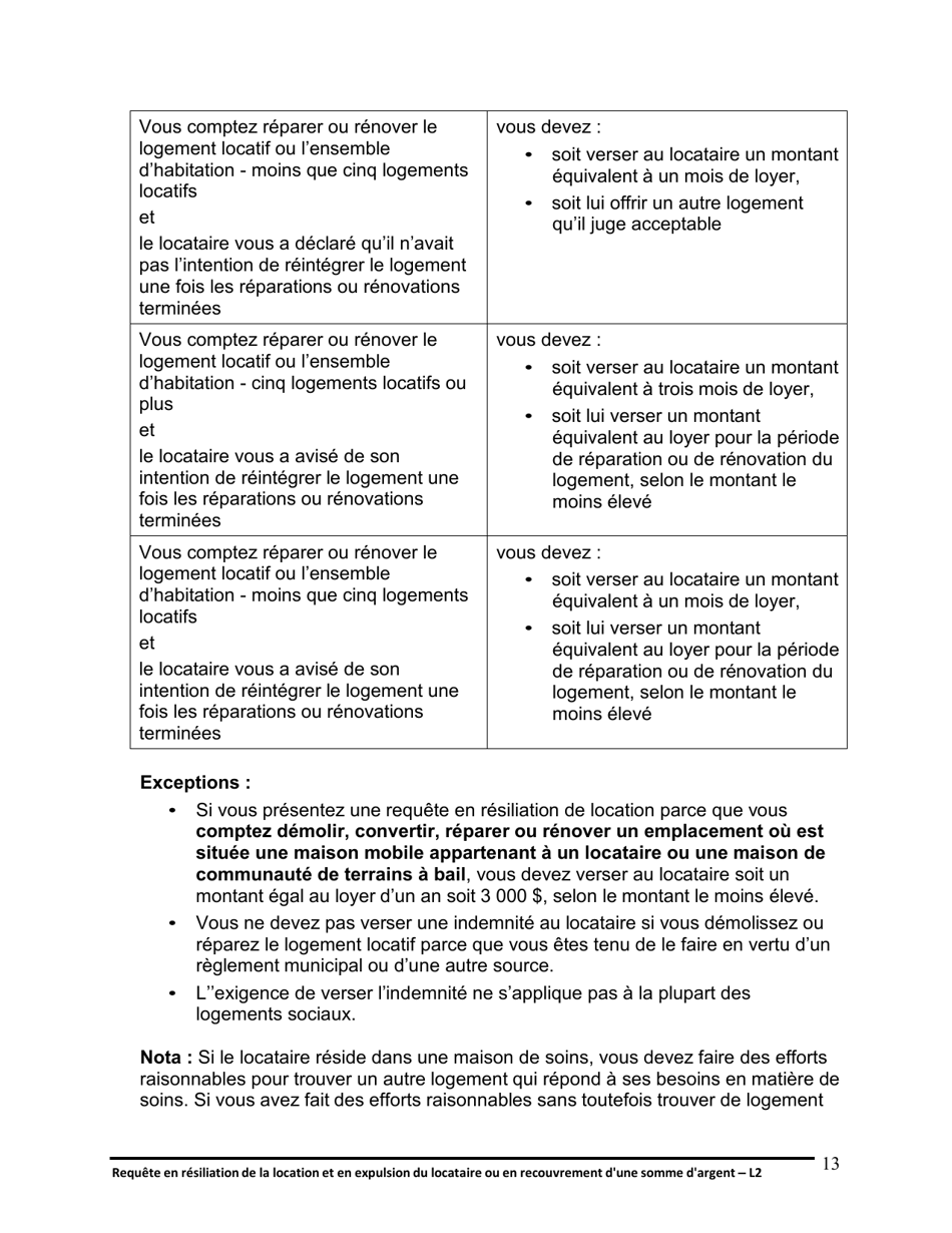 Instruction pour Forme L2 Requete En Resiliation De La Location Et En Expulsion Du Locataire Ou En Recouvrement Dune Somme Dargent - Ontario, Canada (French), Page 14
