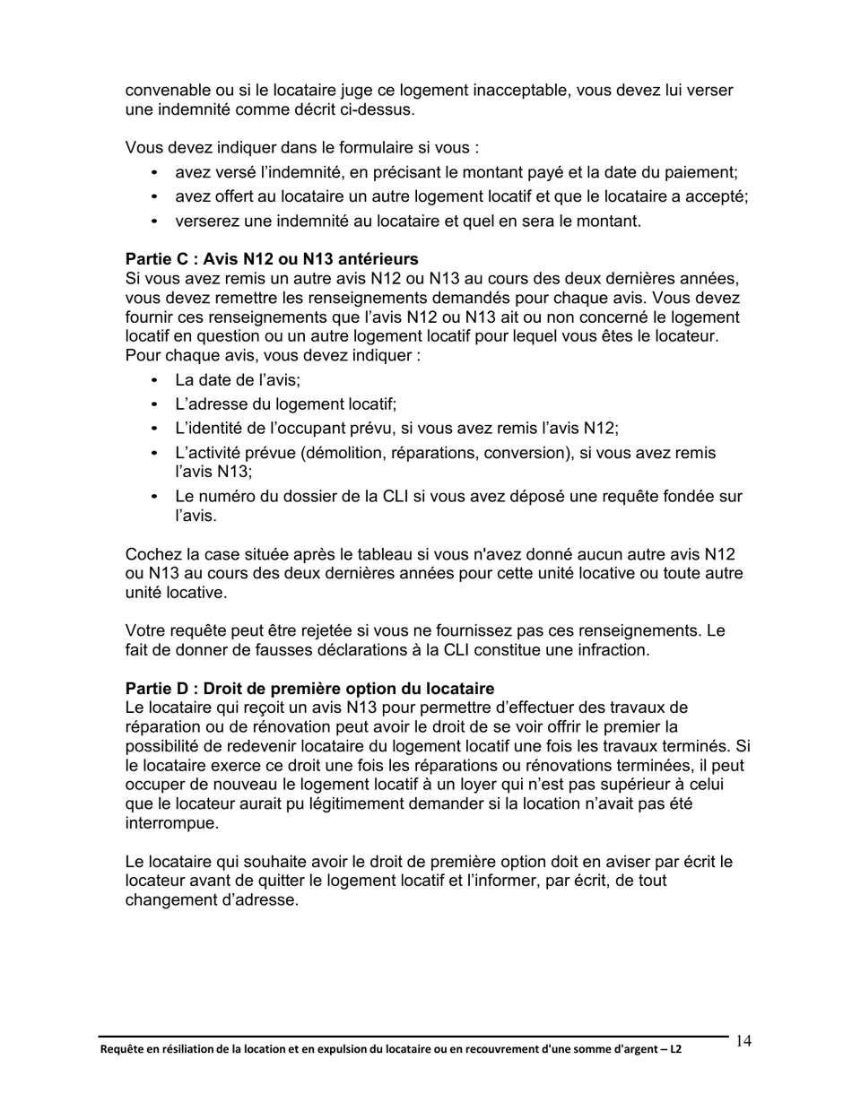 Instruction pour Forme L2 Requete En Resiliation De La Location Et En Expulsion Du Locataire Ou En Recouvrement Dune Somme Dargent - Ontario, Canada (French), Page 15