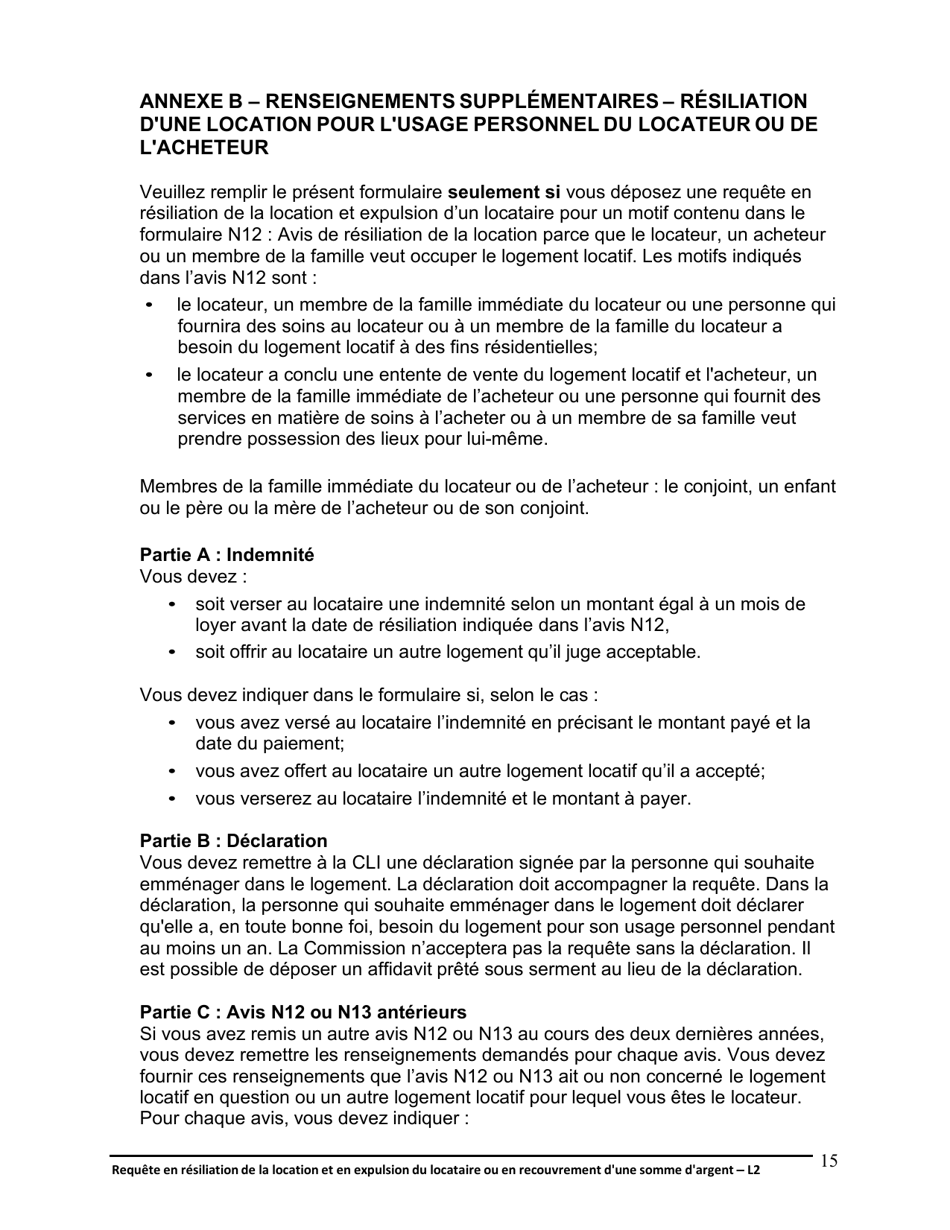 Instruction pour Forme L2 Requete En Resiliation De La Location Et En Expulsion Du Locataire Ou En Recouvrement Dune Somme Dargent - Ontario, Canada (French), Page 16