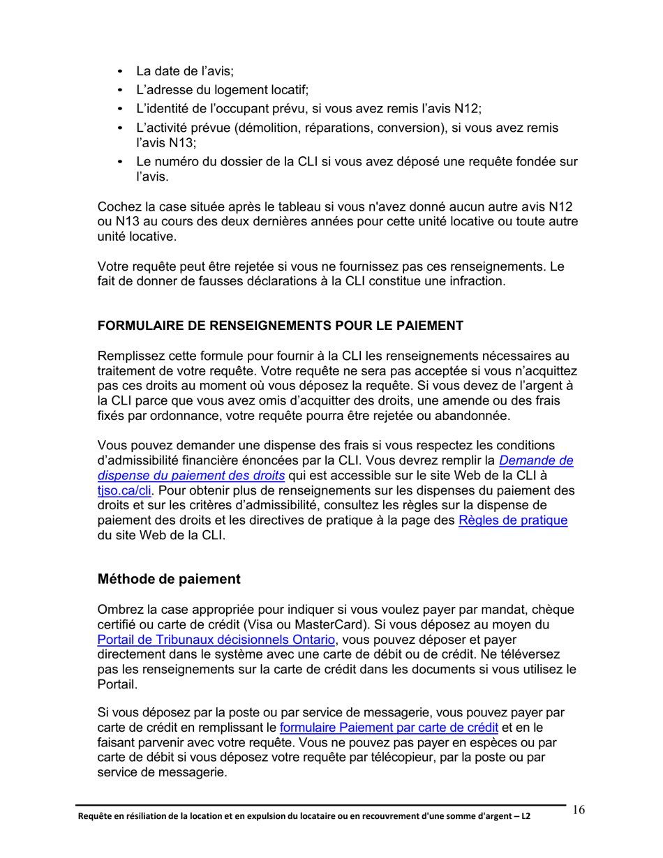 Instruction pour Forme L2 Requete En Resiliation De La Location Et En Expulsion Du Locataire Ou En Recouvrement Dune Somme Dargent - Ontario, Canada (French), Page 17