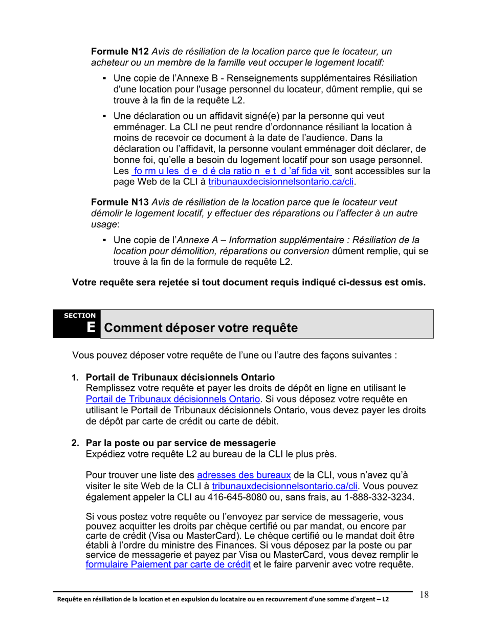 Instruction pour Forme L2 Requete En Resiliation De La Location Et En Expulsion Du Locataire Ou En Recouvrement Dune Somme Dargent - Ontario, Canada (French), Page 19