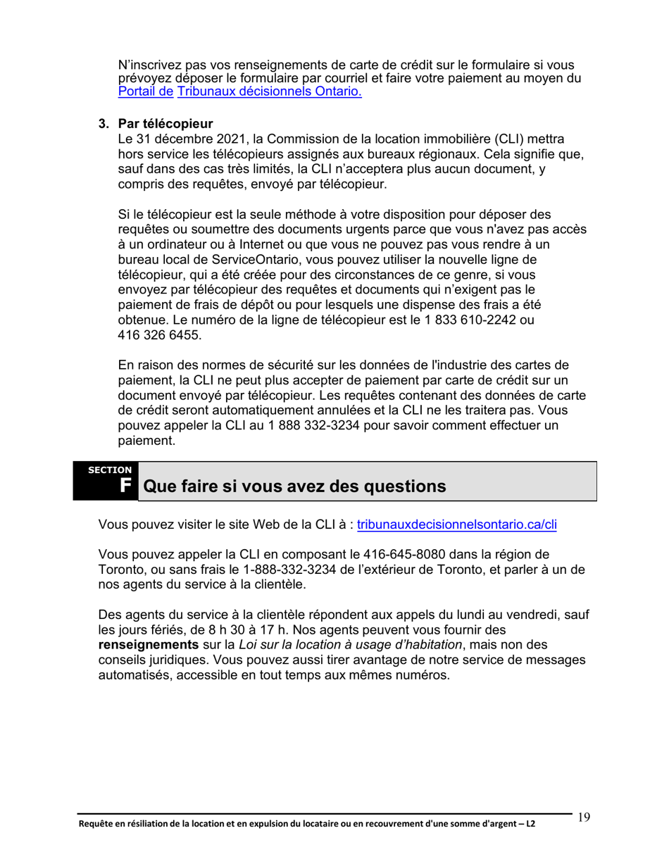 Instruction pour Forme L2 Requete En Resiliation De La Location Et En Expulsion Du Locataire Ou En Recouvrement Dune Somme Dargent - Ontario, Canada (French), Page 20