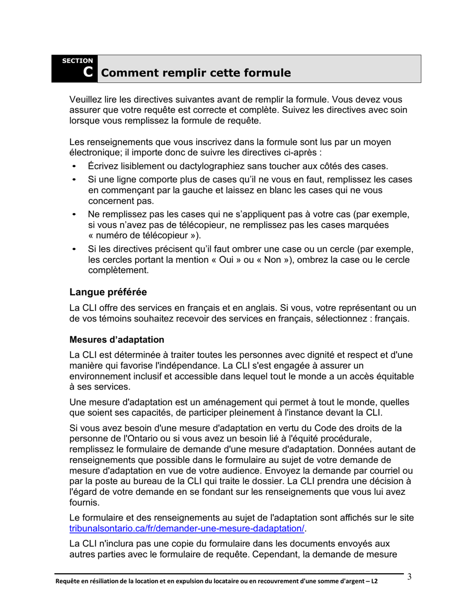 Instruction pour Forme L2 Requete En Resiliation De La Location Et En Expulsion Du Locataire Ou En Recouvrement Dune Somme Dargent - Ontario, Canada (French), Page 4