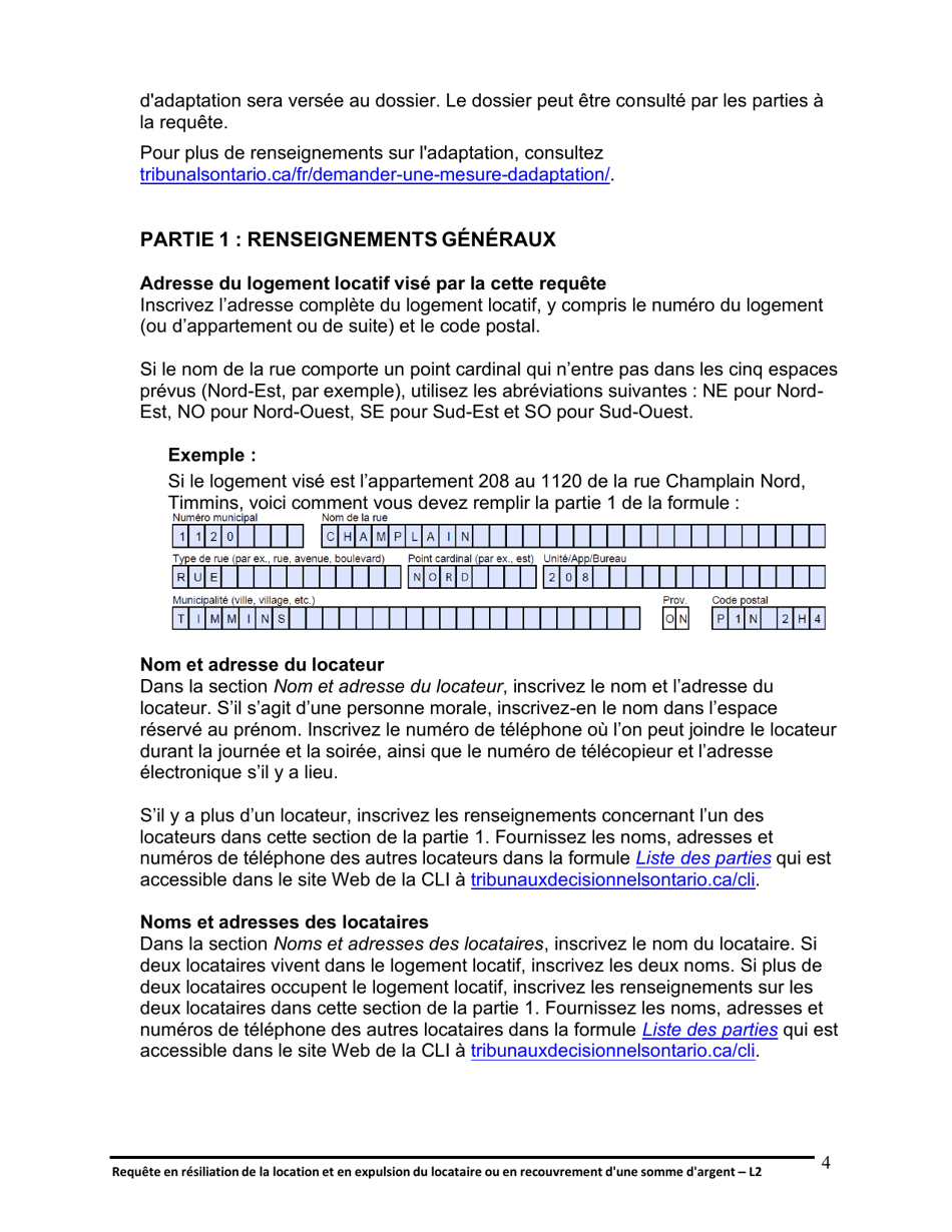 Instruction pour Forme L2 Requete En Resiliation De La Location Et En Expulsion Du Locataire Ou En Recouvrement Dune Somme Dargent - Ontario, Canada (French), Page 5