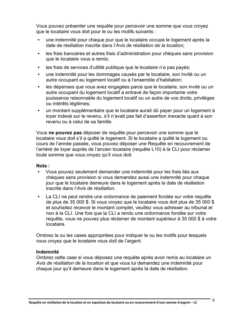 Instruction pour Forme L2 Requete En Resiliation De La Location Et En Expulsion Du Locataire Ou En Recouvrement Dune Somme Dargent - Ontario, Canada (French), Page 7