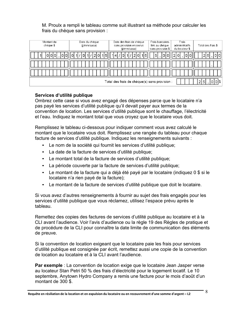 Instruction pour Forme L2 Requete En Resiliation De La Location Et En Expulsion Du Locataire Ou En Recouvrement Dune Somme Dargent - Ontario, Canada (French), Page 9