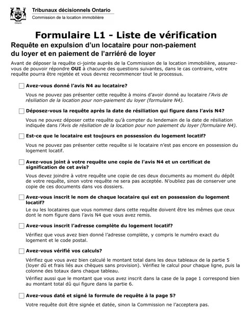 Forme L1 Requete En Expulsion D'un Locataire Pour Non-paiement Du Loyer Et En Paiement De L'arriere De Loyer - Ontario, Canada (French)