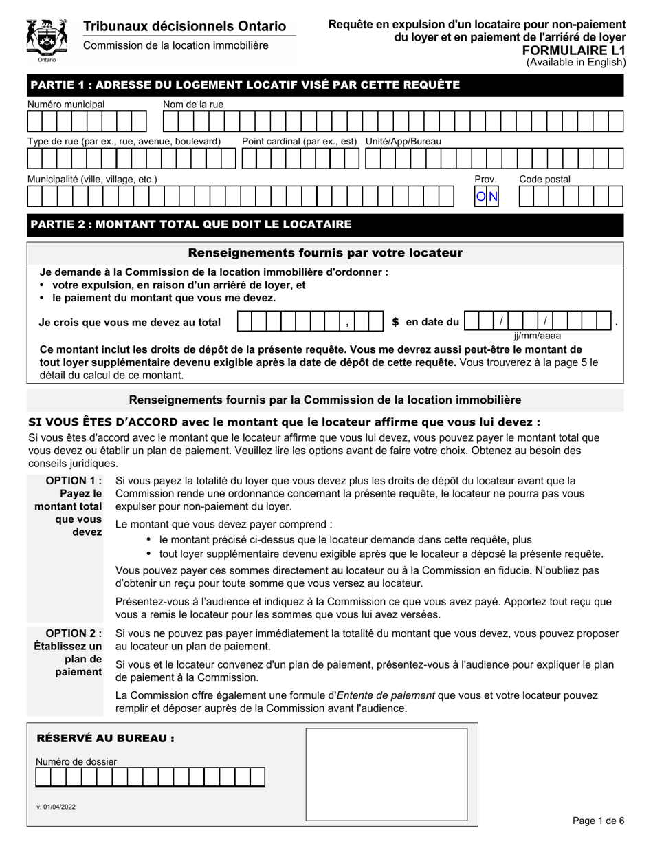 Forme L1 Requete En Expulsion Dun Locataire Pour Non-paiement Du Loyer Et En Paiement De Larriere De Loyer - Ontario, Canada (French), Page 3