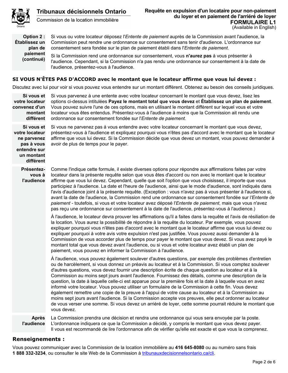 Forme L1 Requete En Expulsion Dun Locataire Pour Non-paiement Du Loyer Et En Paiement De Larriere De Loyer - Ontario, Canada (French), Page 4